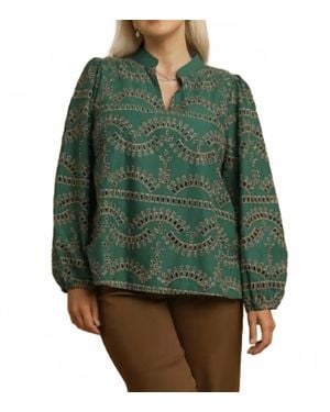 Umgee Vera Eyelet Long Sleeved Top - Green
