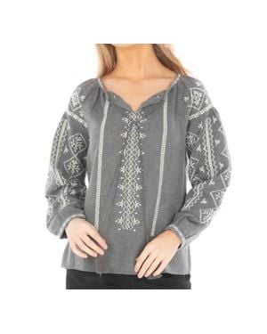 Apny Peasant Melange Embroidered Top - Gray