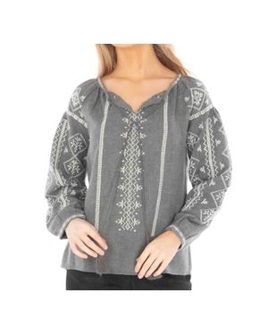 Apny Peasant Melange Embroidered Top - Gray