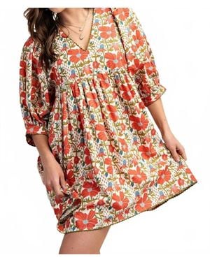 Gigio Babydoll Blossom Floral Puff Sleeve Dress - Red