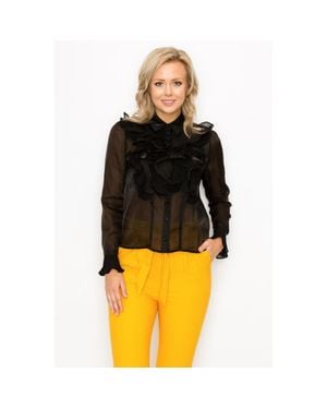 Fashnzfab Ruffle Trim Long Sleeve Blouse - Black