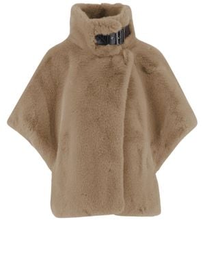 Pinko Short-Sleeved Plush Jacket With High Collar And Buckle Detail - Natural