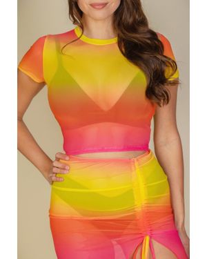 TRUEDAMES Fashnzfab Sexy Mesh Sheer Short Sleeve Crop Top - Yellow