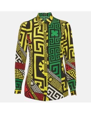 Versace Multicolor Geometric Greek Print Silk Long Sleeve Shirt - Green