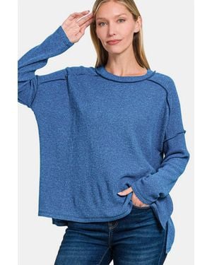 TRUEDAMES Full Size Exposed Seam Brushed Round Neck Sweater - Blue