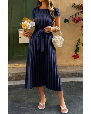 TRUEDAMES Solid Pleated Belt Short Puff Sleeves Fit Dress - Blue