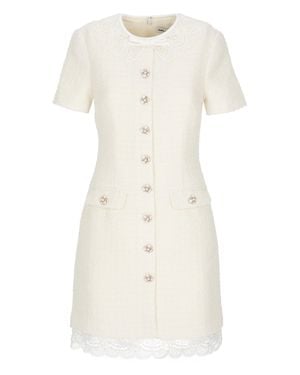 Self-Portrait Ivory Boucle Lace Mini Dress With Jewel Button Accents - Natural