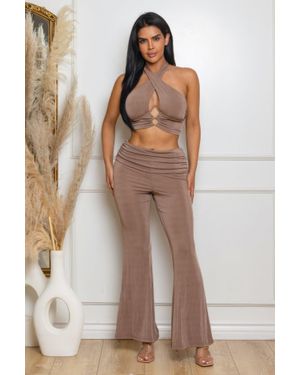 TRUEDAMES Crimson Heat Velvet Halter Crop Top Flare Pants Set - Brown