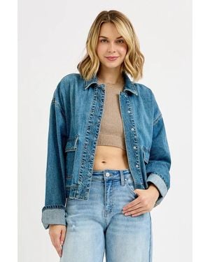 TRUEDAMES Oversized Cargo Pocket Denim Jacket With Cuffed Sleeves - Blue