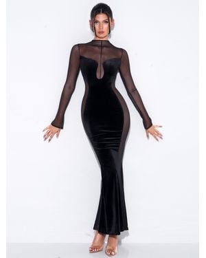 Miss Circle Paislee Velvet Mesh Long Sleeve Gown - Black