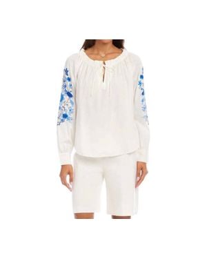 Karen Kane Embroidered Blouson Sleeve Tie-Neck Peasant Top - White