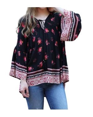 Angie Floral Print Peasant Top - Black