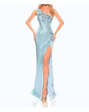 Amarra Fitted Beaded Sequin One Shoulder Slit Gown - Blue