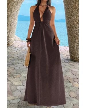 TRUEDAMES Halter Solid Hide Zipper A Line Maxi Dress - Brown