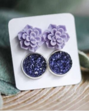 Urban Gemms Succulent & Druzy Earring Set - Gray
