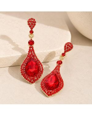 Fashnzfab Teardrop Crystal Rhinestone Pave Evening Earrings - Red