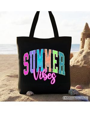 OrnamentallyYou Neon Summer Vibes Tote Bag Beach Vacation Gift - Black