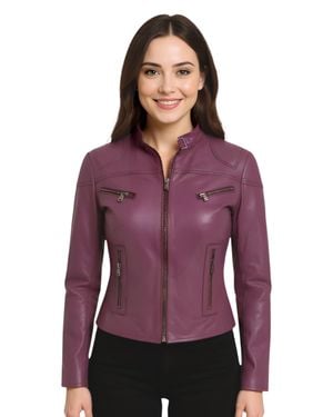 Infinity Leather Casual Slim-Fit Leather Biker Jacket-Tulsa - Purple