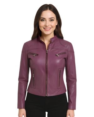 Infinity Leather Casual Slim-Fit Leather Biker Jacket-Tulsa - Purple