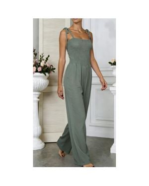 TRUEDAMES Square Neck Smocked Wide-Leg Jumpsuit - Green