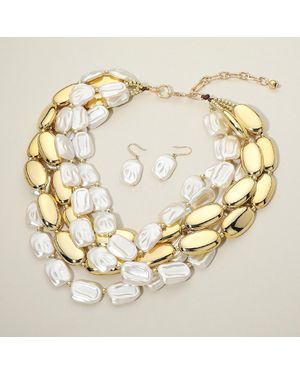 Fashnzfab Bold Chunky Pearl Pebble Beaded Layered Statement Necklace - Metallic