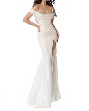 Ava Presley Sequin Cowl Neck Off-Shoulder Gown - White