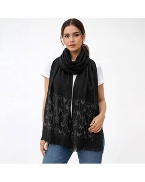TRUEDAMES Lightweight Soft Draped Rhinestone Butterfly Studded Embroidered Scarf - Black
