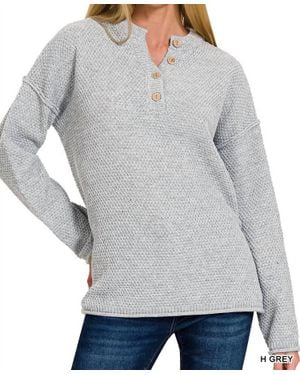 Zenana Henley Basic Sweater - Gray