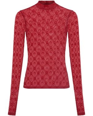 Marine Serre Fitted Sheer Mesh High-Neck Top With Moonogram Motifs - Red