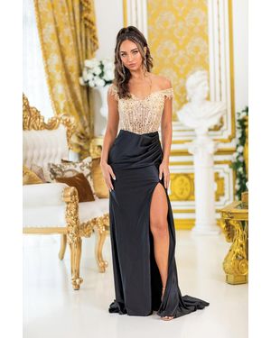 DQ Off-Shoulder Beaded Prom Dress With Sparkling Bodice, Ruched Satin Skirt, And High Slit For A Glamorous Evening Look - Metallic