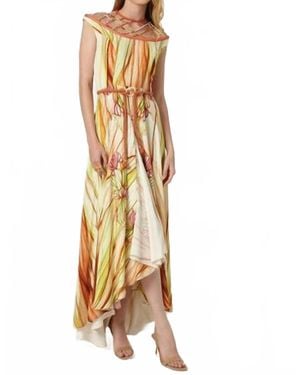 Masavi Layered Leaf Lace-Up Neckline Long Dress - Metallic