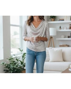 Vince Camuto Sequin Draped Neckline Top - Gray