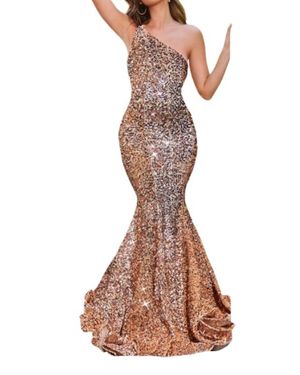 Portia and Scarlett Sequin One-Shoulder Evening Gown - Brown