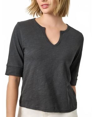 Lilla P Rib Trim Elbow Split Neck Top - Black