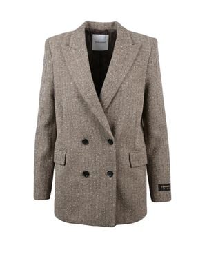 ERMANNO FIRENZE Double-Breasted Herringbone Jacket With Rhinestone Embellishments - Gray