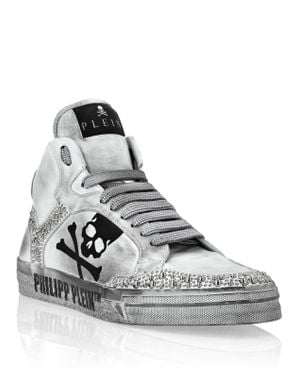 Philipp Plein Nappa Leather Hi-Top Sneakers Studs Retrokickz Tm - Gray