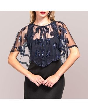 TRUEDAMES Sequin Bow Pointed Leaf Beaded Retro Style Sheer Shawl Cape Poncho - Blue