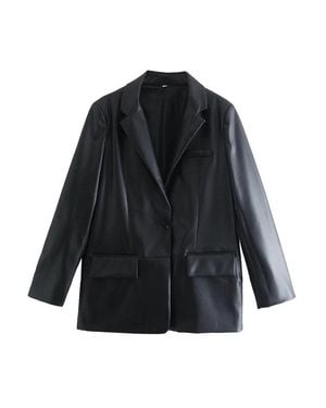 TRUEDAMES Lapel Leather Blazer - Black