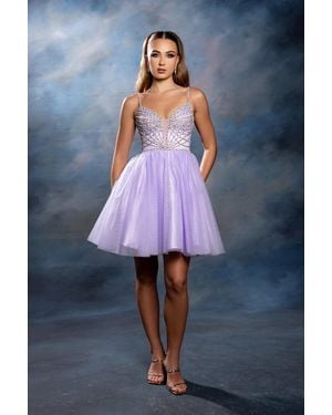 TRUEDAMES Illusion Plunging Sweetheart Rhinestone Beaded Bodice A-Line Homecoming Dress - Blue