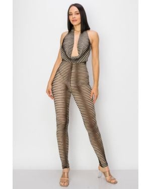 TRUEDAMES Cowl Neck Knit Mesh Jumpsuit - Natural