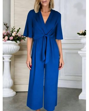 TRUEDAMES V-Neck Tie-Front Short Sleeve Jumpsuit - Blue