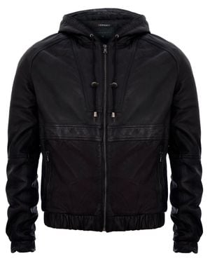Infinity Leather Vintage Zipped Leather Hooded Bomber Biker Jacket - Black