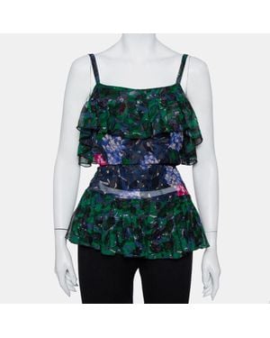 Anna Sui Printed Silk Ruffled Sleeveless Top - Green