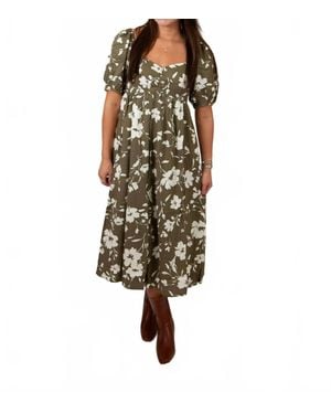 In February Floral Sweetheart Neck Midi Dress - Green