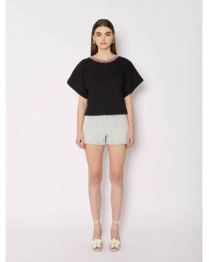 Berenice Tember Crew Neck Tee With Contrast Neck Embroidery - Black