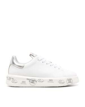 Premiata Leather Graphic Metallic Accent Sneakers - White