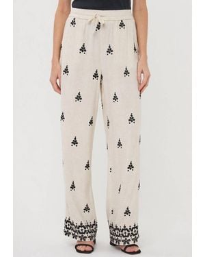 EsQualo Linen Blend Embroidered Pants - Natural