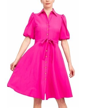 Sharagano Collared Short Sleeve Button Front Dress With Pockets - Pink