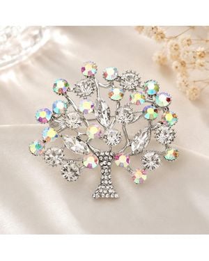 Fashnzfab Round Marquise Stone Embellished Tree Of Life Pin Brooch - Metallic