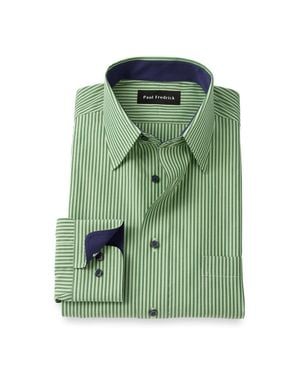 Paul Fredrick Tailored Fit Non-Iron Cotton Stripe Dress Shirt With Contrast Trim - Green
